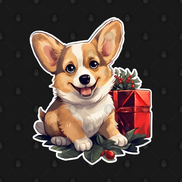 Christmas Happy Corgi with holly and gift by beangeerie