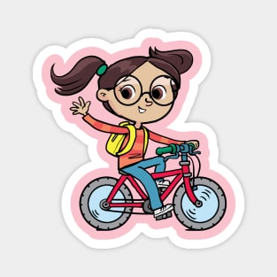 cheerful girl rides a bicycle and waves Magnet