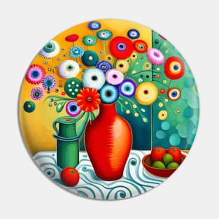 Cute Abstract Flowers in a Red Vase Still Life Painting Pin