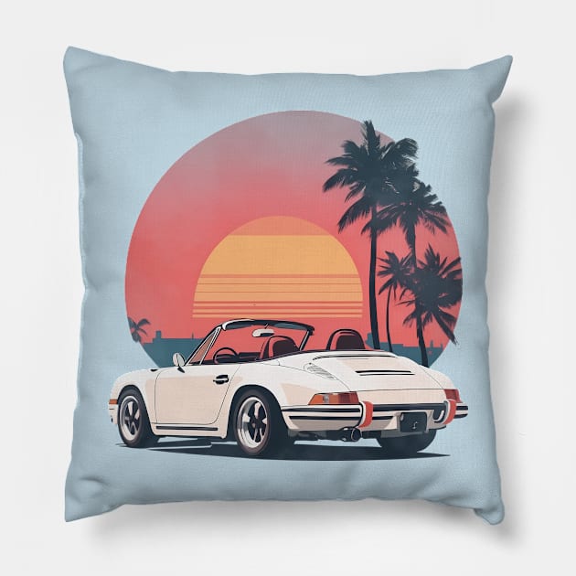 Vintage Summer Porsche Beach Sunset sports car Pillow by 8 Fists of Tees