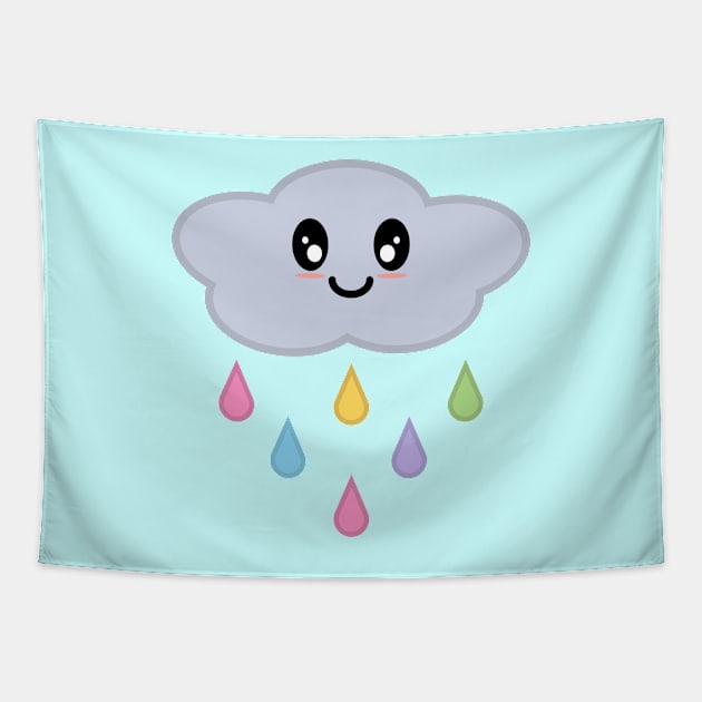 Kawaii Cute Rainbow Raindrop Rain Cloud in Blue Tapestry by Kelly Gigi