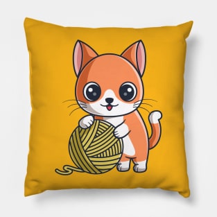 Cute Orange Cat Playing Yarn Ball Pillow