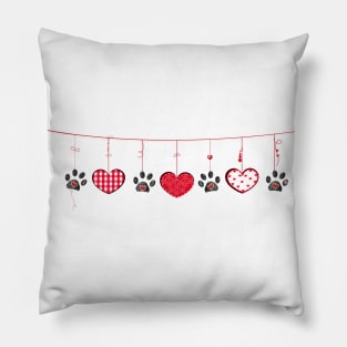 Black paw prints with hanging retro beautiful hearts Pillow