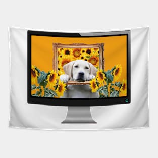 Computer Green Golden Retriever Dog Sunflowers in Frame Tapestry