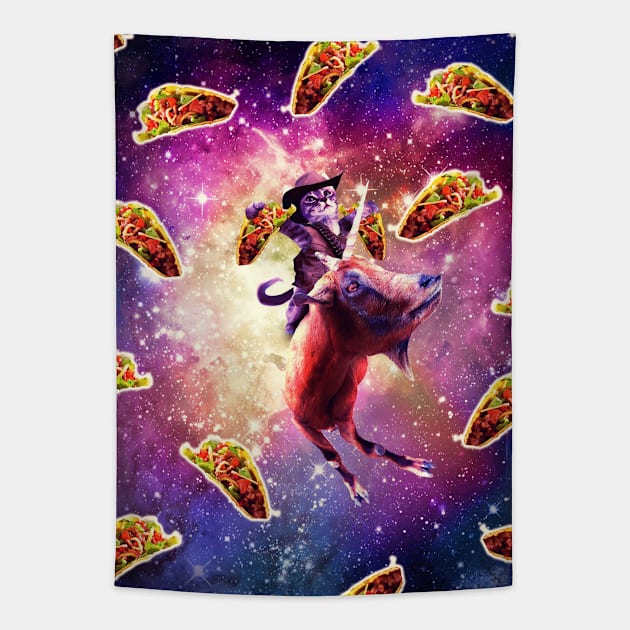 Cowboy Space Cat On Goat Unicorn - Taco Tapestry by Random Galaxy