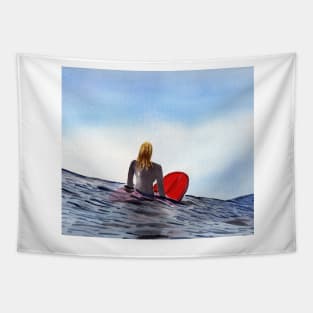 Female Surfer Waiting Watercolor Painting Tapestry