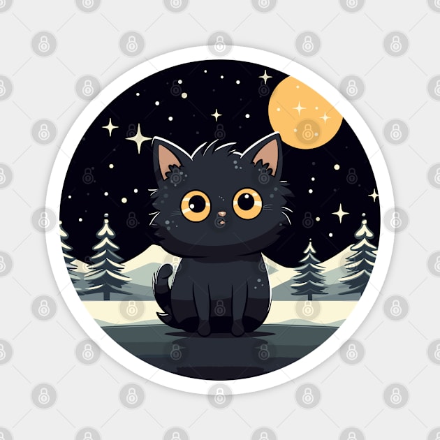 black cat in christmas winter night Magnet by legend