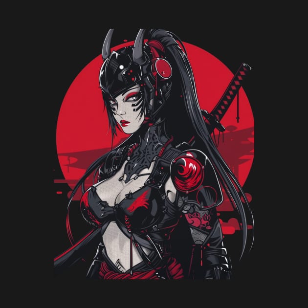 Red Samurai Cyber Girl Japanese Art by Vlaa