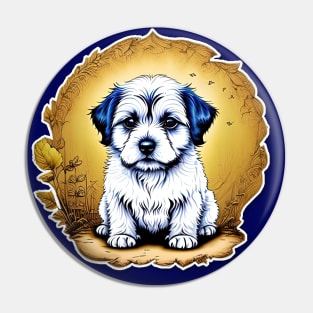 White Havanese Puppy Dog with Black Ears in a Golden Spring Setting Pin