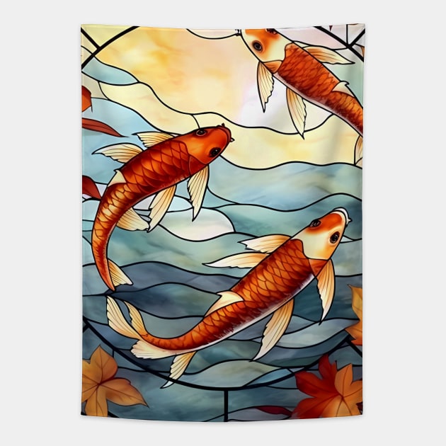 Stained Glass Red Koi Fish and Autumn Leaves Tapestry by Pixelchicken