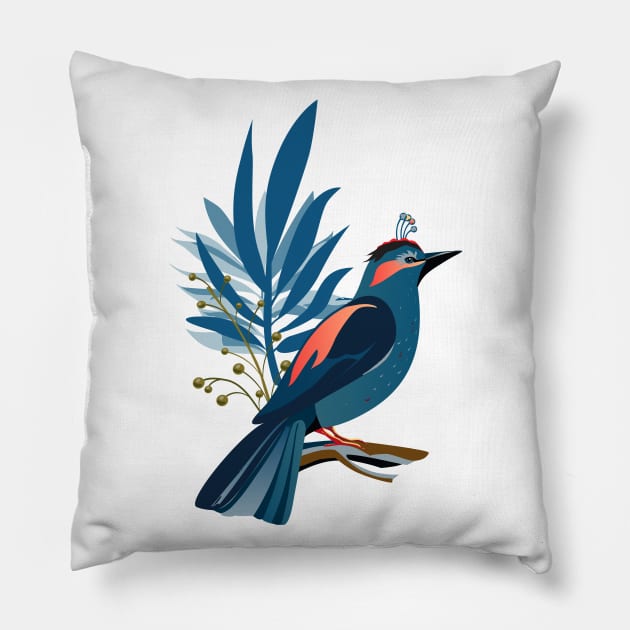 Vintage decorative tropical flowers and exotic blue bird, floral Art trendy design Holiday decoration Boho chic Pillow by sofiartmedia