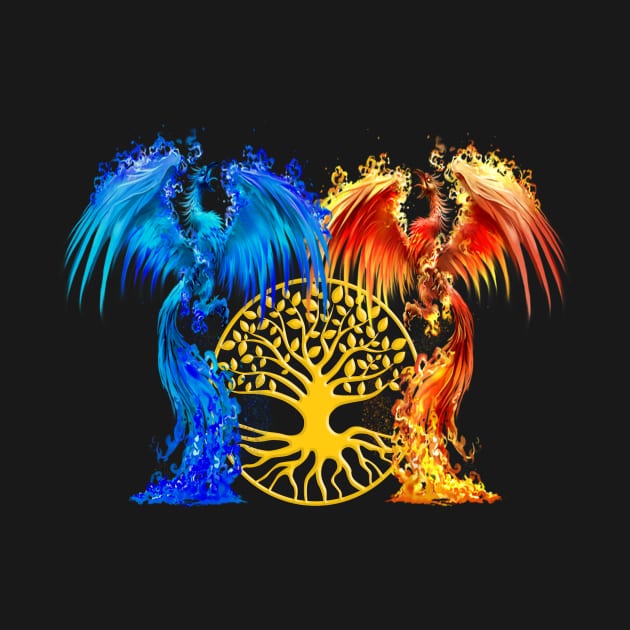 Fantasy Fire And Ice Phoenix Gold Tree Of Life by Atteestude