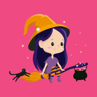 Kawaii Witch Flying in the moonlight With Her Black Cat and Cauldron T-Shirt