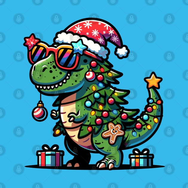 Tree-Rex Holiday Dinosaur - Christmas Tree T-Rex TreeRex Pun with Santa Hat, Lights and Ornaments by Lunatic Bear