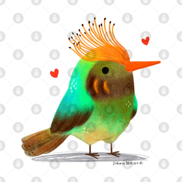 Rufous Crested Coquette bird with hearts by julianamotzko