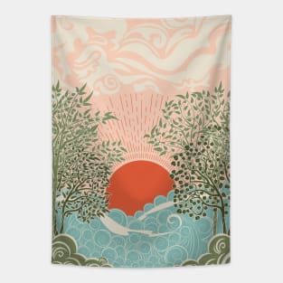 Retro sunrise seascape Tapestry