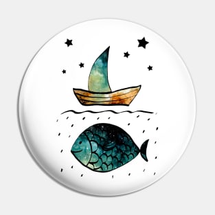 Watercolor Starry Sky, Fish and Sail Boat Pin