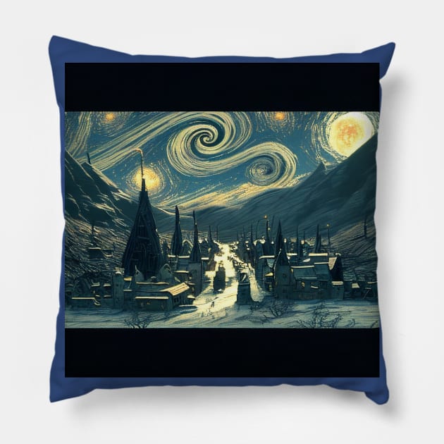 Starry Night Over Hogsmeade Village Pillow by Grassroots Green