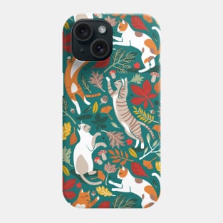 Autumn joy // pattern // pine green background cats dancing with many leaves in fall colors Phone Case