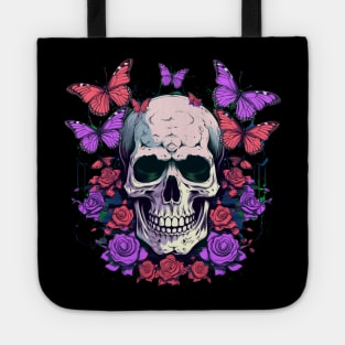 Psychedelic Neon Skull with Roses and Butterflies Tote