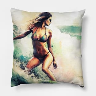 Woman surfing in a bikini Pillow