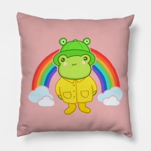 Cute Frog with Hat Rainbow Kawaii Aesthetic Cottagecore Frog. Funny Froge in froggie bucket hat. Bright rainbow colors Pillow