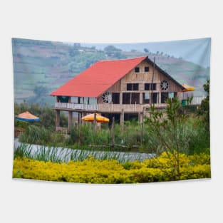 Wooden Building on Lake Bunyonyi, Uganda Tapestry