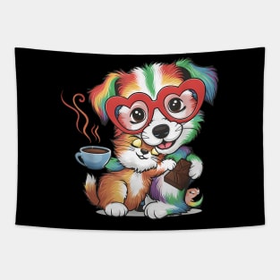 Cut Dog Hugging Cat With Coffee and Chocolate Tapestry