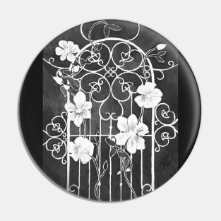 Clematis Flower and Vine on Wrought Iron Trellis, Black and White Pin