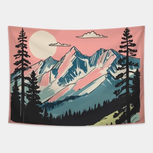 Nature Small Clouds Round Sun Visible In The Sky Mountains And Pine Trees Tapestry