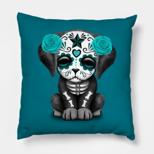 Cute Teal Blue Day of the Dead Puppy Dog Pillow