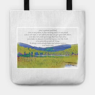 Love Is Patient: Mountain Lake In Watercolor Tote