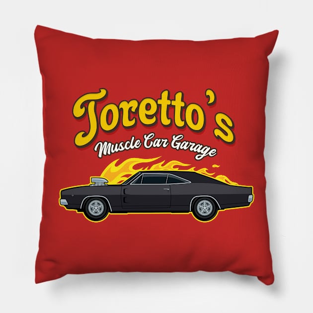 Torettos Muscle Car Garage Pillow by SunsetSurf