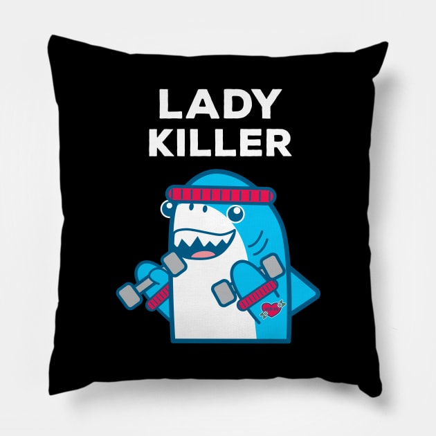 Funny Lady Killer Shark Weight Lifting BodyBuilder Pillow by MedleyDesigns67