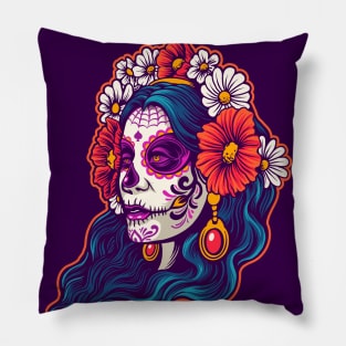 Dia de los Muertos Sugar Skull Woman Illustration Pillow