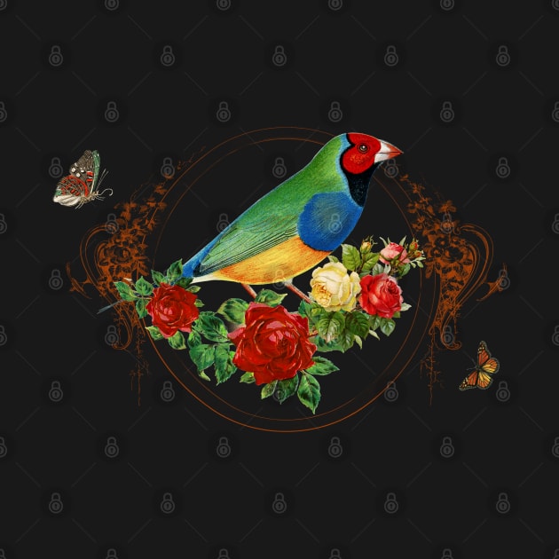 Red Head Finch standing in red Roses with Butterflies surrounded by LizzyizzyDesign