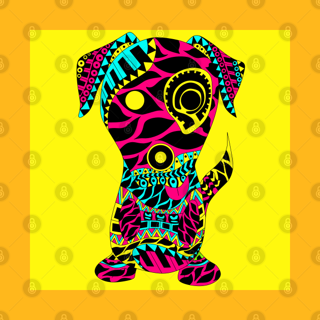 tribal dog with rasta love tattoo ecopop in yellow art by jorge_lebeau