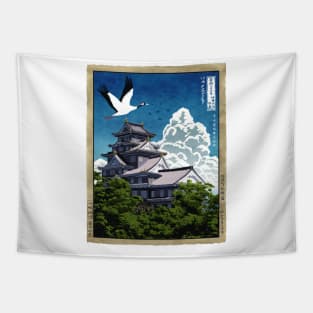 Japanese temple with crane Tapestry