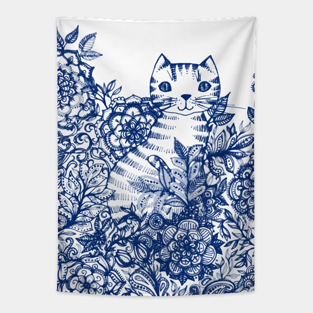 Garden Cat Doodle Tapestry by micklyn