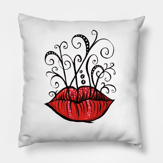 Weird lips and swirls ink drawing Pillow by Boriana Giormova