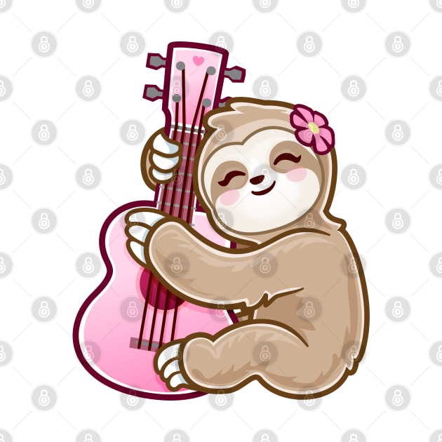 Cute Girl Playing Acoustic Ukulele Pink Guitar kawaii Sloth by PnJ