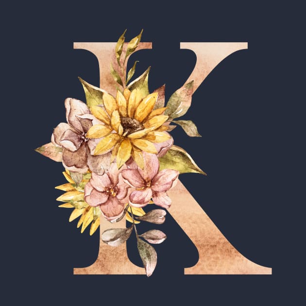 Watercolor sunflower bouquet monogram letter K by tiana geo