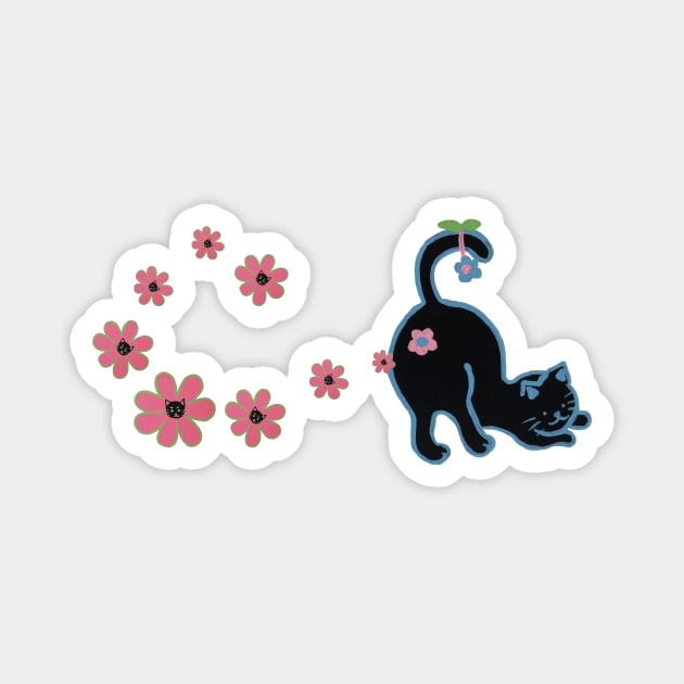 Black cat with pink flowers Magnet by Tapood