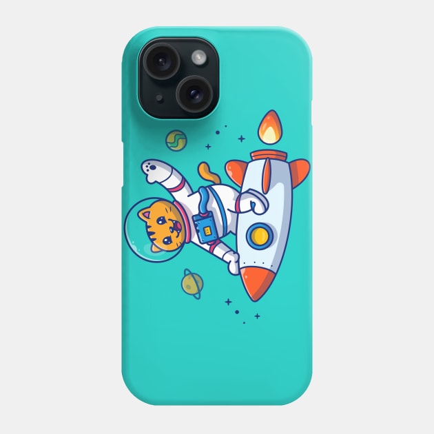 Cute Cat Astronaut Riding Rocket Cartoon Phone Case by Catalyst Labs