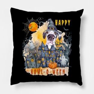 Great Dane Happy Howl-o-ween Ghost Houses Funny Watercolor Pillow