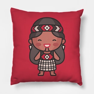 Cute Maori Woman in Traditional Clothing Cartoon Pillow