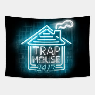 Trap HOUSE in Glowing Blue Neon Sign Tapestry