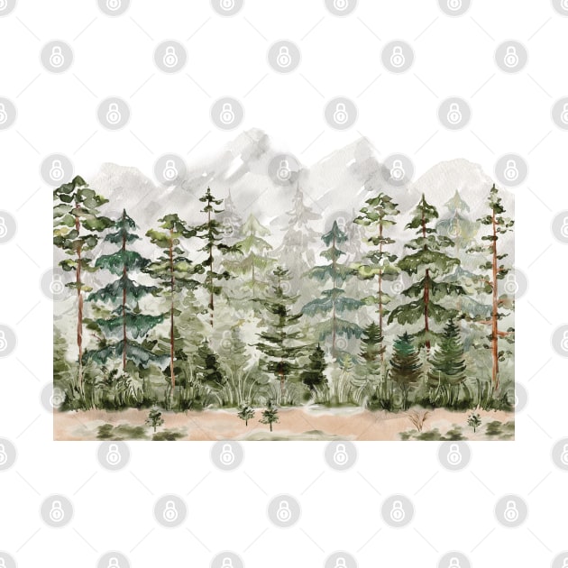 Watercolor Pine Forest on Mountain by the nature buff