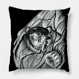 Roaring Bear breaking through the Mist in a Lightning Storm Tattoo Design Pillow