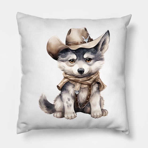 Gray Wolf Wearing a Cowboy Hat Pillow by Chromatic Fusion Studio